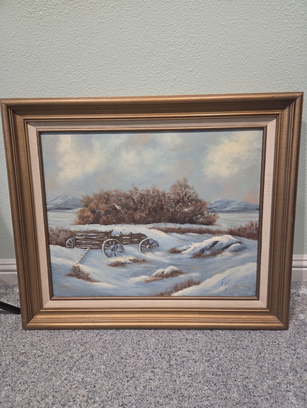 Framed Winter Landscape Oil Painting in Gold Frame